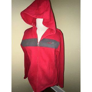Vintage FILA Zip Up Hoodie Red Gray Strip Womens XL Velour Spell Out Logo